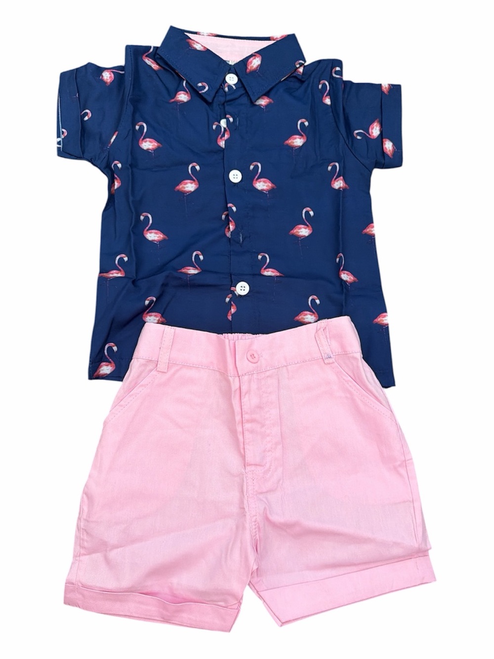Navy Flamingo Print Button-Up Shirt with Pink Shorts Set